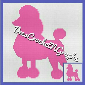 May include: A pink poodle silhouette crochet pattern. The pattern is in a square format and includes a smaller version of the poodle in the bottom right corner.