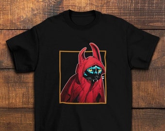 Teufel Katze Meme Shirt | Schwarze Katze im roten Teufelskostüm | Lustiges Katzen-Liebhaber-T-Shirt | Unfug Maker Geschenk | Internet Humor Shirt