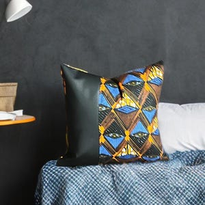 Ankara African Print Cushion Cover: Black Leather Panel Accent