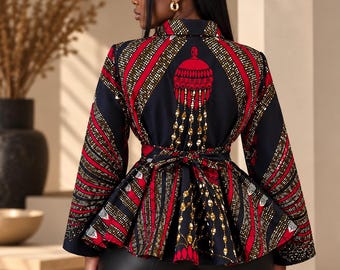 May include: A long-sleeved peplum jacket featuring a black base with a vibrant red, gold, and white geometric pattern. The jacket includes a collar, a tie-waist belt, and a central back graphic of a red, bell-shaped ornament with hanging gold accents.