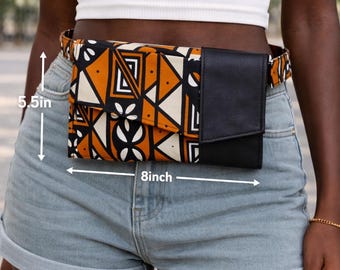 Handgemaakte heuptas met Afrikaanse print: zwarte schoudertas van imitatieleer