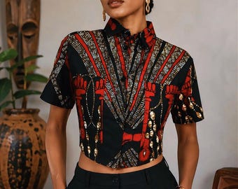 Camisa corta hecha a mano con estampado africano: Top Ankara Kente