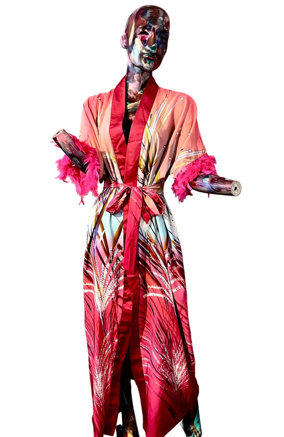 Rhinestone Embellished Crepe Kimono Robe With Fur Sleeves UK