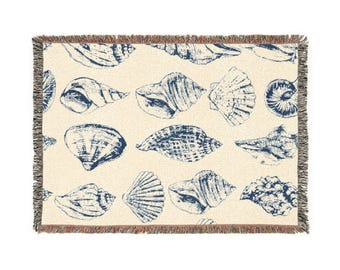 Woven Throw Blanket, Nautical Shell Pattern, Beach House Decor