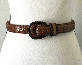 Bruine leren riem met krokodillenmotief, jaren 80, vintage tweekleurige riem