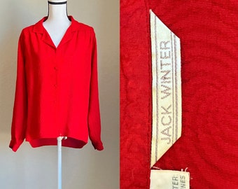 1970s Red Textured Polyester Blouse, Vintage Blouse with Swirl Pattern