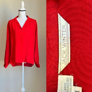 1970s Red Textured Polyester Blouse, Vintage Blouse with Swirl Pattern image 1