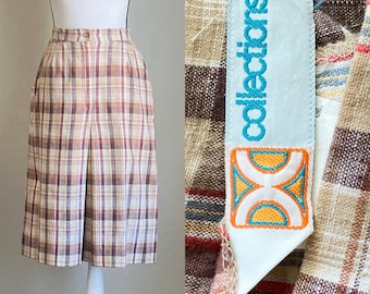1960s Plaid Linen Skirt, Vintage Checkered Midi Skirt
