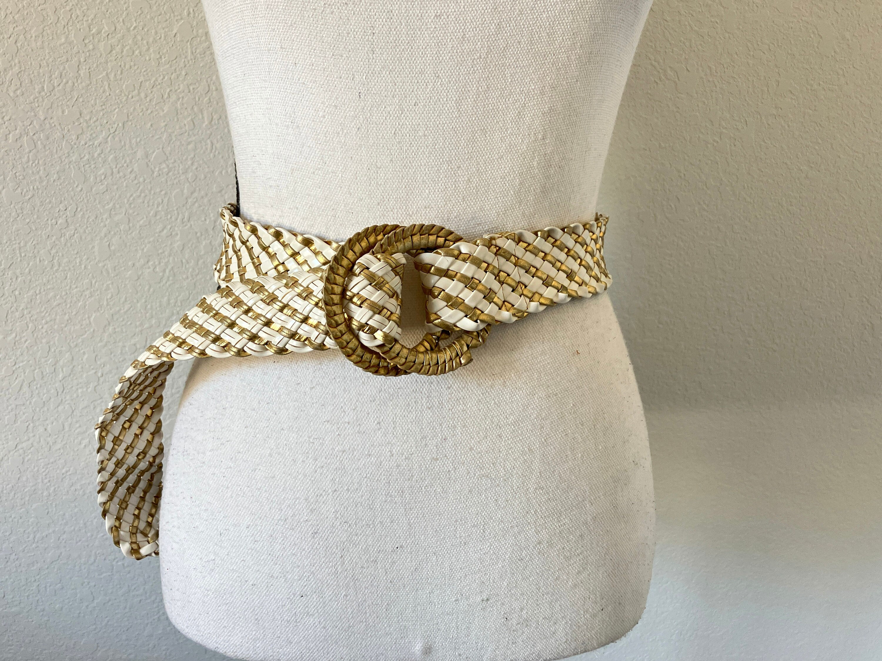 Vintage 80s Cream and Gold Medallion Braided Cord Cinch Belt  display picture 3