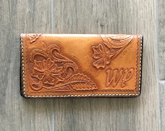 Vintage Tooled Leather Wallet, 1970s Leather Western Style Billfold