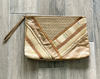 Pochette da polso in tessuto misto anni '70, pochette vintage in tessuto e pelle