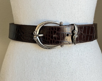 1990s Designer Wide Faux Croc Leather Belt