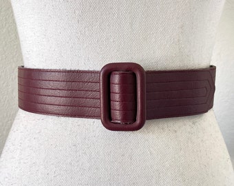 1970s Burgandy Leather Belt, Vintage Wide Cinch Belt