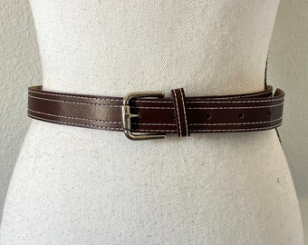 1980s Reddish Brown Faux Leather Belt, Vintage Belt with Contrast Stitching