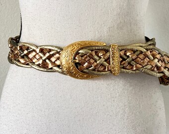 Wide Woven Faux Leather Gold Bronze Metallic Belt Vintage 