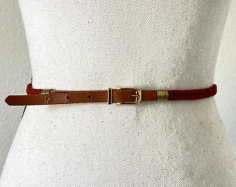 1970s Skinny Elastic Belt, 1980s Red Fabric and Leather Belt  display picture 1