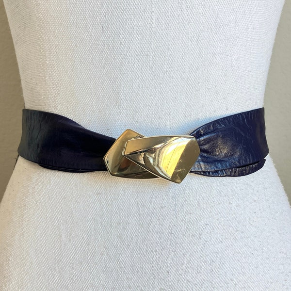 1970s Soft Leather Belt, 1980s Blue Belt with Gold Buckle