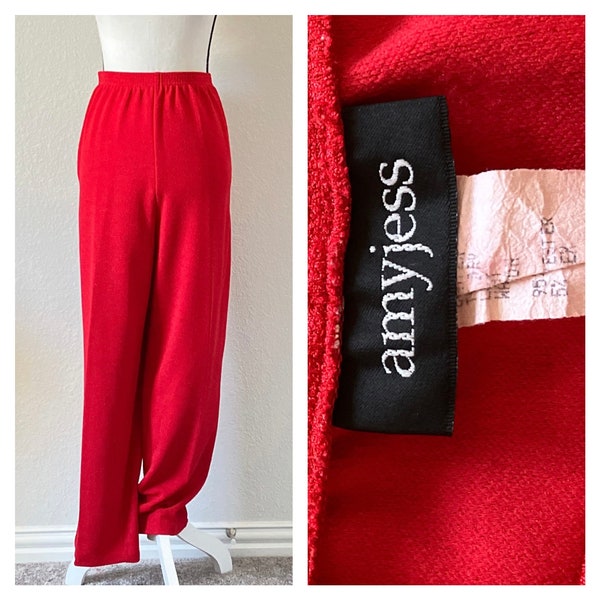 1980s Red Pull On Pants, Vintage Elastic Waistband Slacks