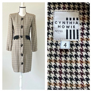 1980s Autumn Houndstooth Dress, Vintage Checkered Button Down Dress image 1