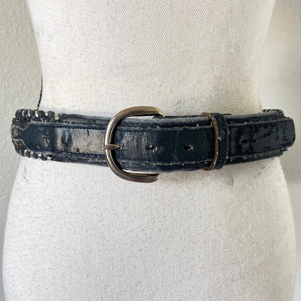 Cinturón vaquero azul marino de los años 70, cinturón de cuero con pespuntes de los años 80