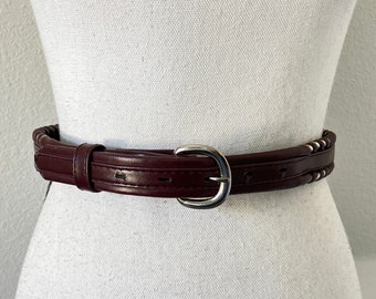 1970s Burgandy Leather Western Belt, Vintage Leather and Silver Whipstitch Belt