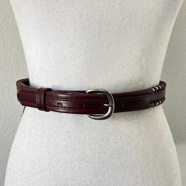 Cinturón occidental de cuero burdeos de la década de 1970, cinturón vintage de cuero y plata con pespuntes