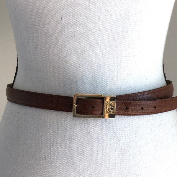 Vintage Anne Klein for Calderon, 1970s Brown Leather Belt,1970s Thin Leather Belt,1970s Alligator Belt,Vintage Brown Alligator Belt