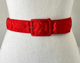 1980s Red Fabric Belt, Vintage Abstract Print Cloth Belt