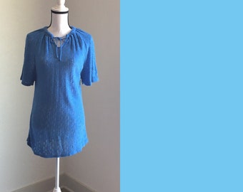 1980s Blue Flutter Sleeve Sweater, Vintage Pointelle Knit Sweater