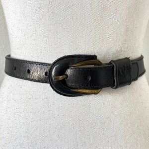 1980s Black Leather Belt, Vintage Belt with Unique Buckle