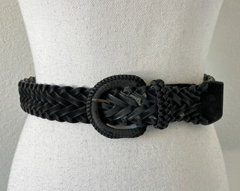 1970s Black Vegan Leather Woven Belt, Vintage Faux Suede Braided Belt