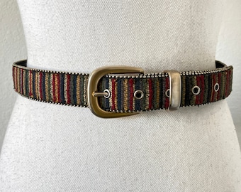 Vintage Lusha 80s Red snakeskin Exotic Leather Belt with Multicolor Scale Inlays 1980s Red Snakeskin Leather Belt | Double Buckle Stretch  main image 3
