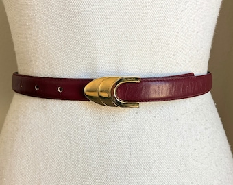 Cinturón de cuero burdeos de los años 70, cinturón fino granate de los años 80