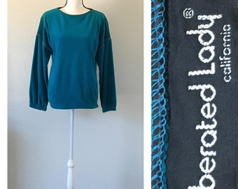 1970s Turquoise Velour Sweatshirt, Vintage Blue Pullover with Piping
