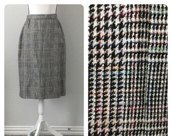 1980s Plaid Silk Blend Skirt, Vintage Multicolored Houndstooth Skirt