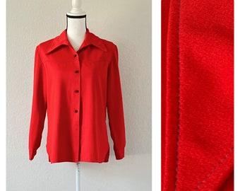 1970s Red Polyester Blouse, Vintage Shirt Jacket with Big Collar