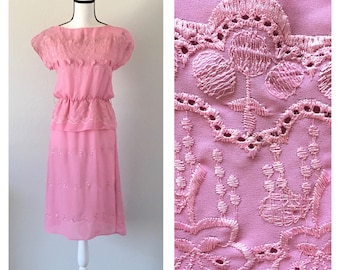1970s Pink Cap Sleeve Dress, Vintage Dress with Peplum Waist