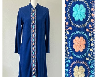 1960s Velour Nehru Style Robe, Embroidered Vintage Robe