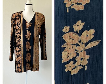 1990s Earth Tone Tunic, Vintage Abstract Ethnic Print Long Blouse