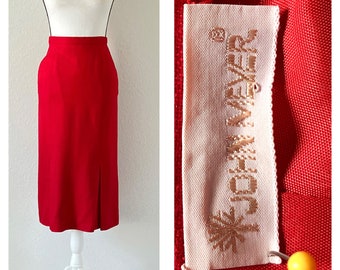 1970s Pleated Red Linen Skirt, Vintage Flared Wool Blend Skirt