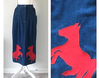 1990s Denim Skirt with Horses, Vintage Midi Jean Skirt