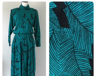 1980s Dress with Leaf Print, Vintage Turtleneck Dress