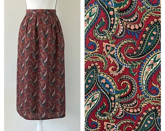 1980s Paisley Cotton Skirt, Vintage Autumn Midi Skirt