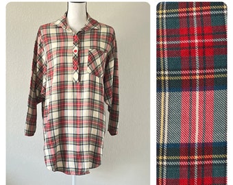 1980s Oversized Plaid Wool Blend Sleep Shirt, Vintage Tunic Length Nightie