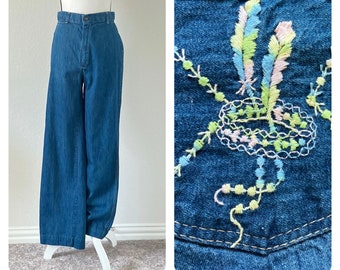 1970s High Waisted Wide Leg Jeans, Vintage Jeans with Embroidered Pockets