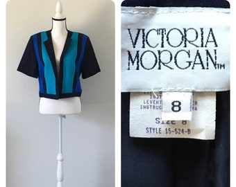 1980s Blue Cropped Blazer, Vintage Colorblock Blazer