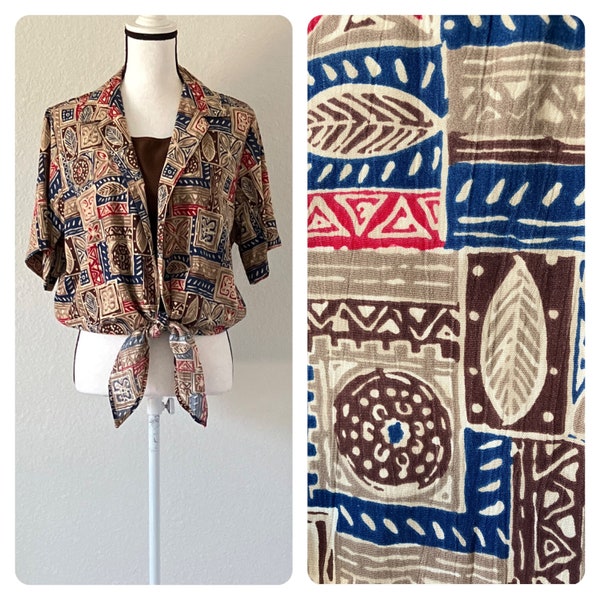 1990s Tie Waist Blouse, Vintage Two Piece Shirt Set