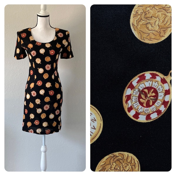 Vintage Dress with Pocketwatch Pattern, 1990s Novelty Print Dress