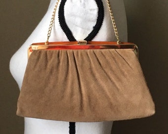 1960s Suede Purse with Chain Strap, Vintage Tan Leather Purse