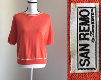 Navy Blue White Short Sleeve Knit Sweater San Remo by Laura VTG XL